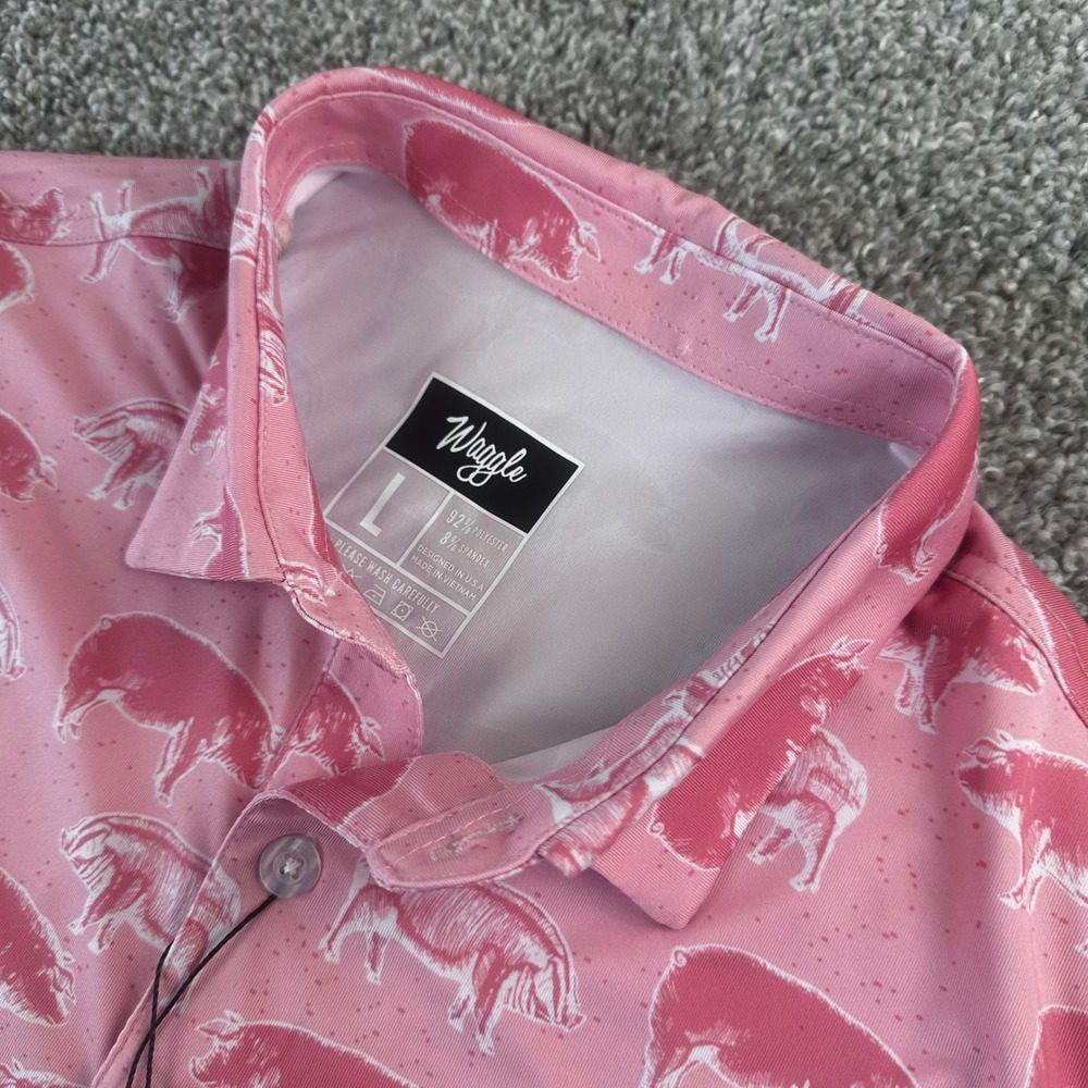 Waggle Hog Heaven Polo Mens Large Pink Pig Print Performance Golf Shirt NEW - Picture 1 of 6